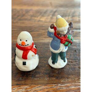 Vintage Ceramic Snowman & Boy Figurines Holding Gifts Christmas Village Figurine
